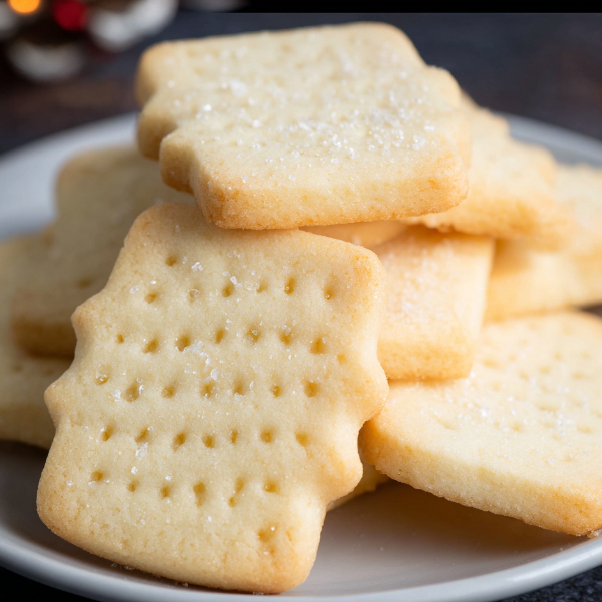 Homemade Shortbread Cookies with lightly golden edges and traditional fork-docked patterns, stacked casually on a ceramic plate.