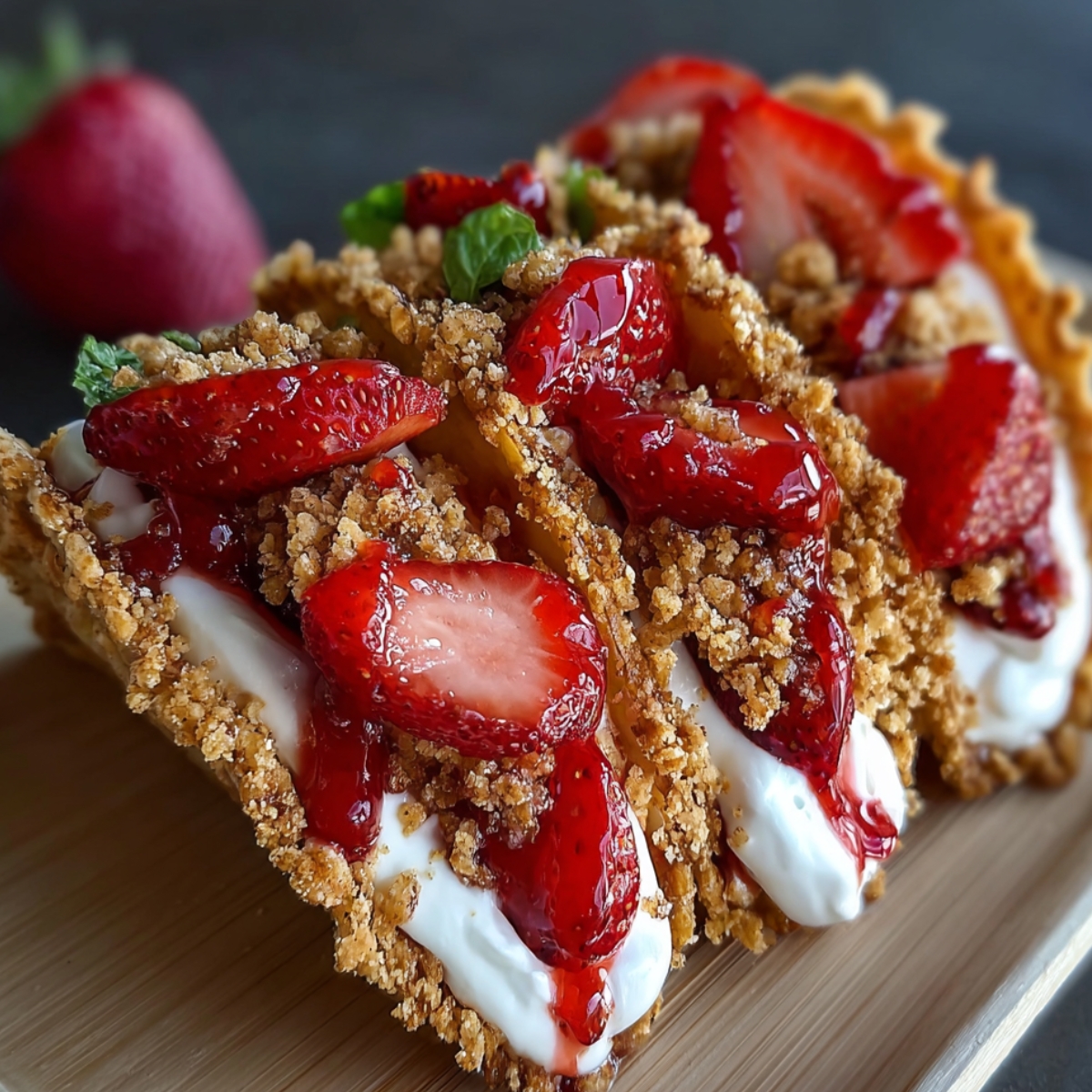Homemade strawberry crunch cheesecake tacos filled with creamy cheesecake and topped with fresh strawberries and golden crumble on a white plate.