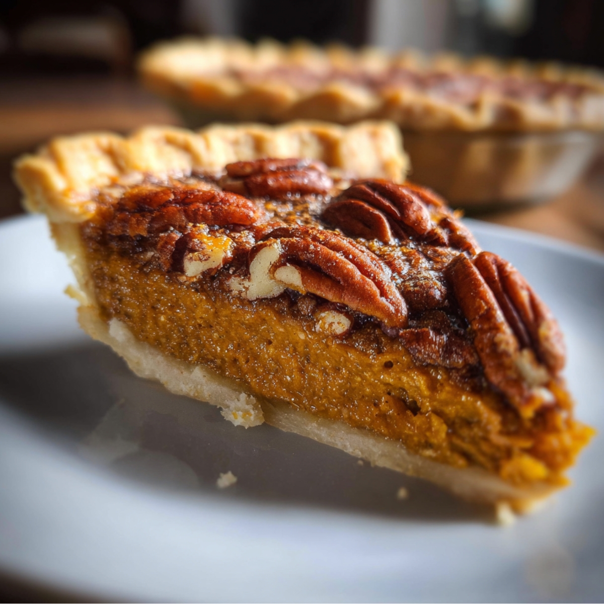 Homemade Sweet Potato Pecan Pie with a buttery crust, creamy orange sweet potato filling, and glossy toasted pecans on top.
