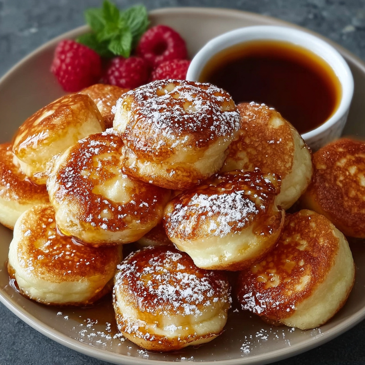 Golden-brown homemade pancake poppers stacked on a white plate, drizzled with sticky caramel syrup and lightly dusted with powdered sugar.