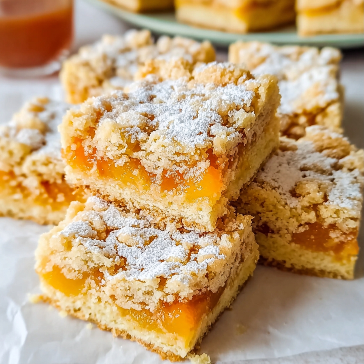 Homemade apricot shortbread bars stacked on a plate, with a crumbly topping and powdered sugar dusted on top.