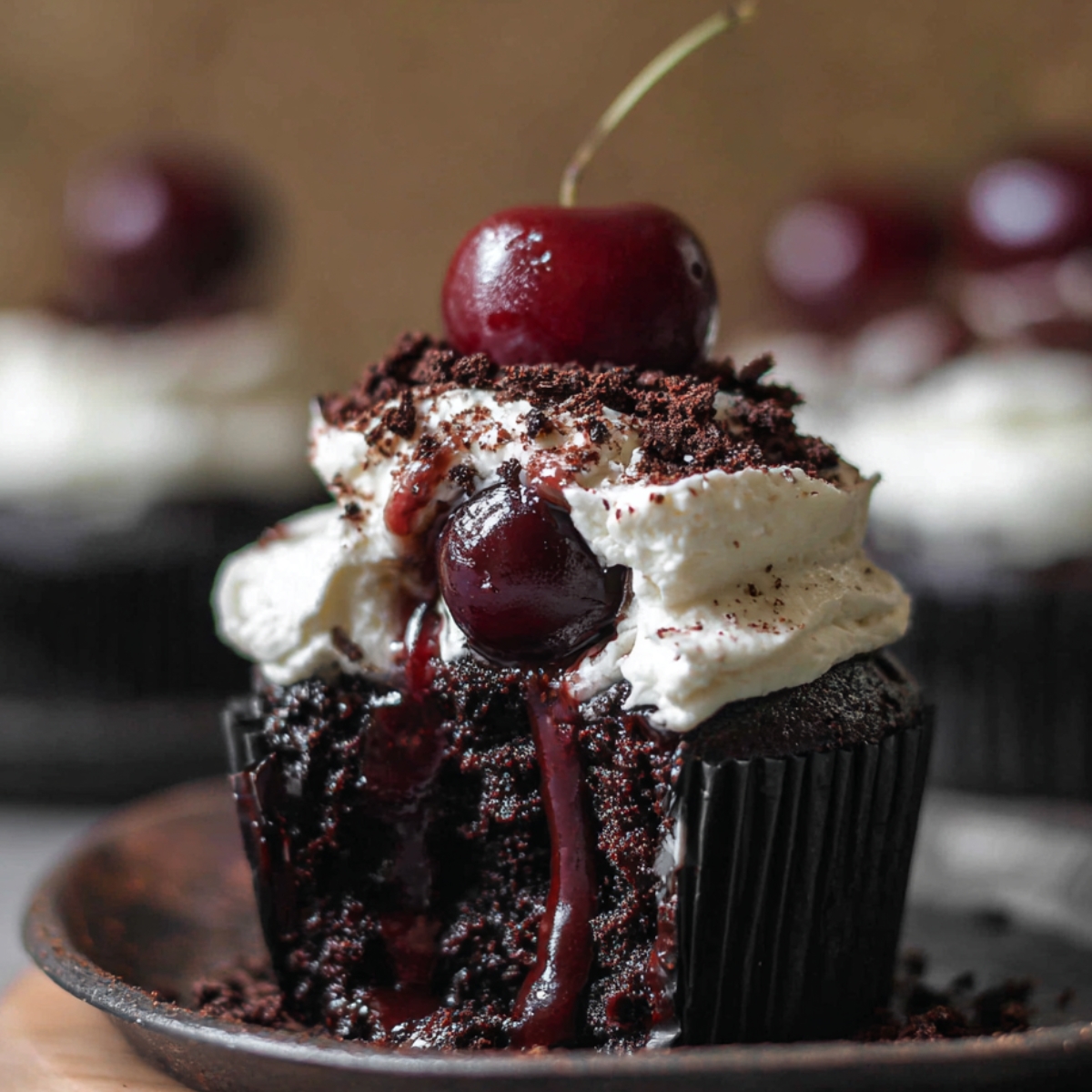 Close-up of a homemade Black Forest cupcake topped with whipped cream, a glossy cherry, and chocolate crumbs, with rich cherry filling oozing from the moist chocolate cake.