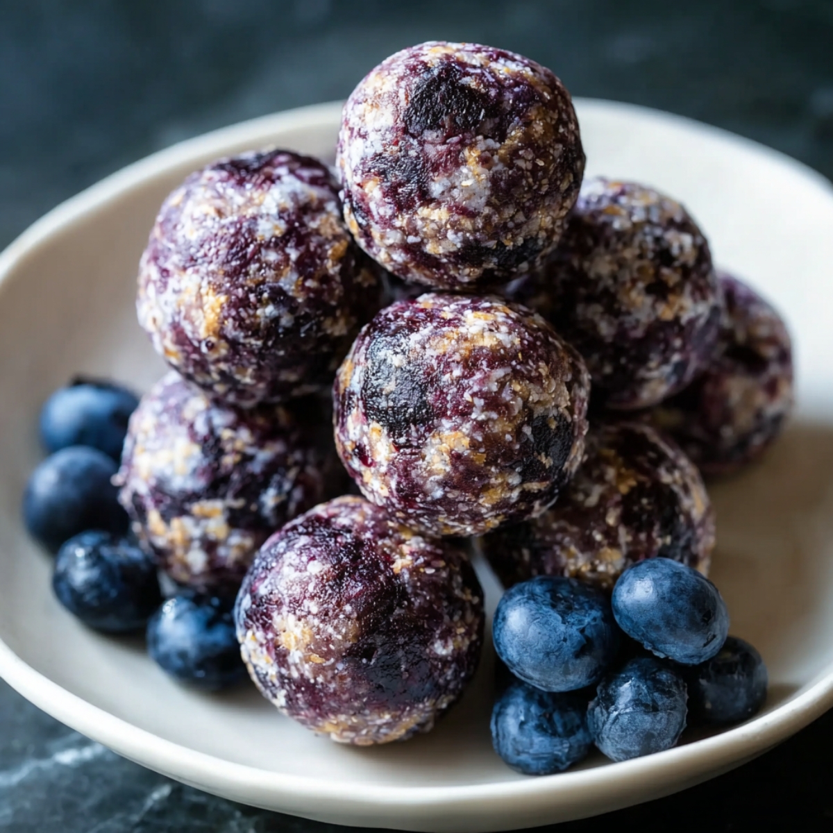 Close-up of homemade blueberry protein balls stacked in a small bowl, showing their deep purple color, visible oats, and soft, chewy texture.
