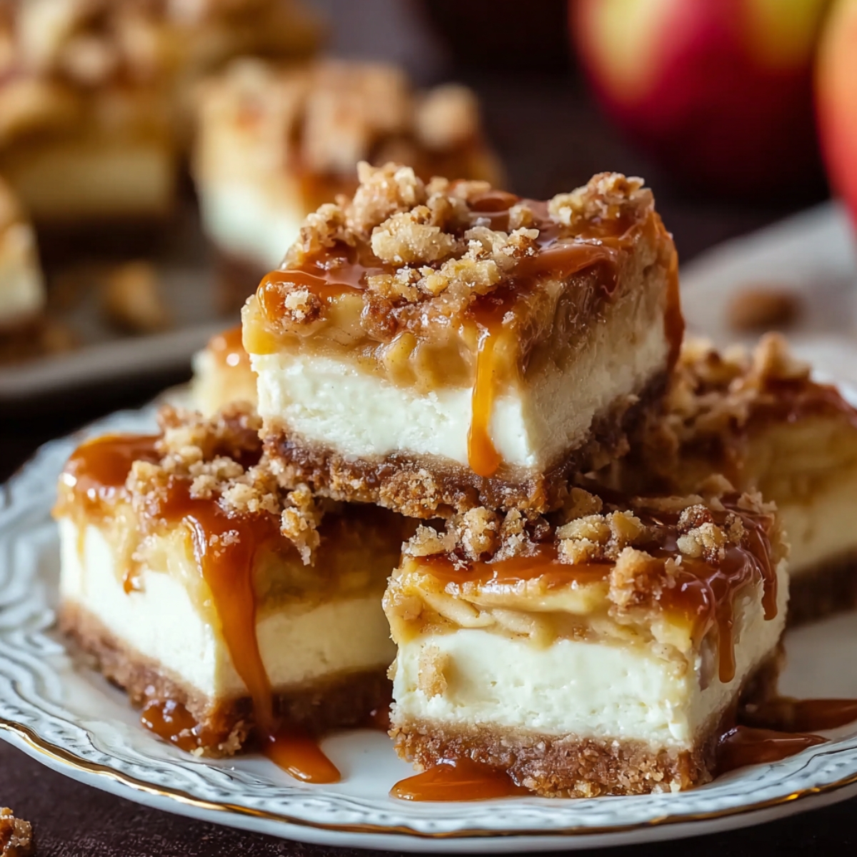Stack of homemade caramel apple cheesecake bars topped with crumble and drizzled caramel sauce on a plate.