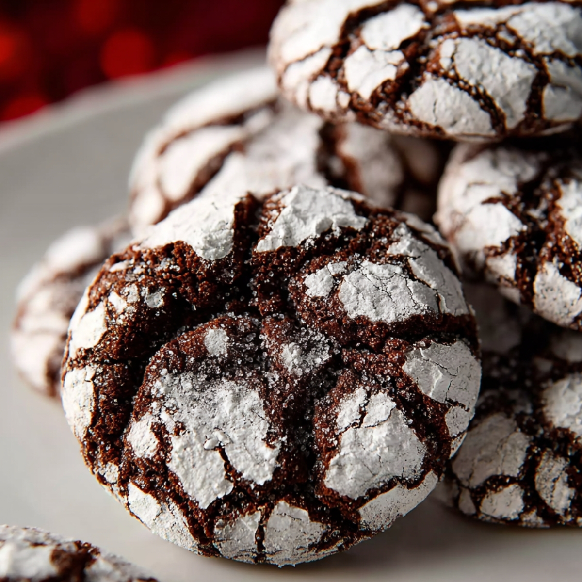 Close-up of homemade chocolate crinkle cookies with cracked powdered sugar tops, showing their rich, fudgy texture and soft, baked surface.