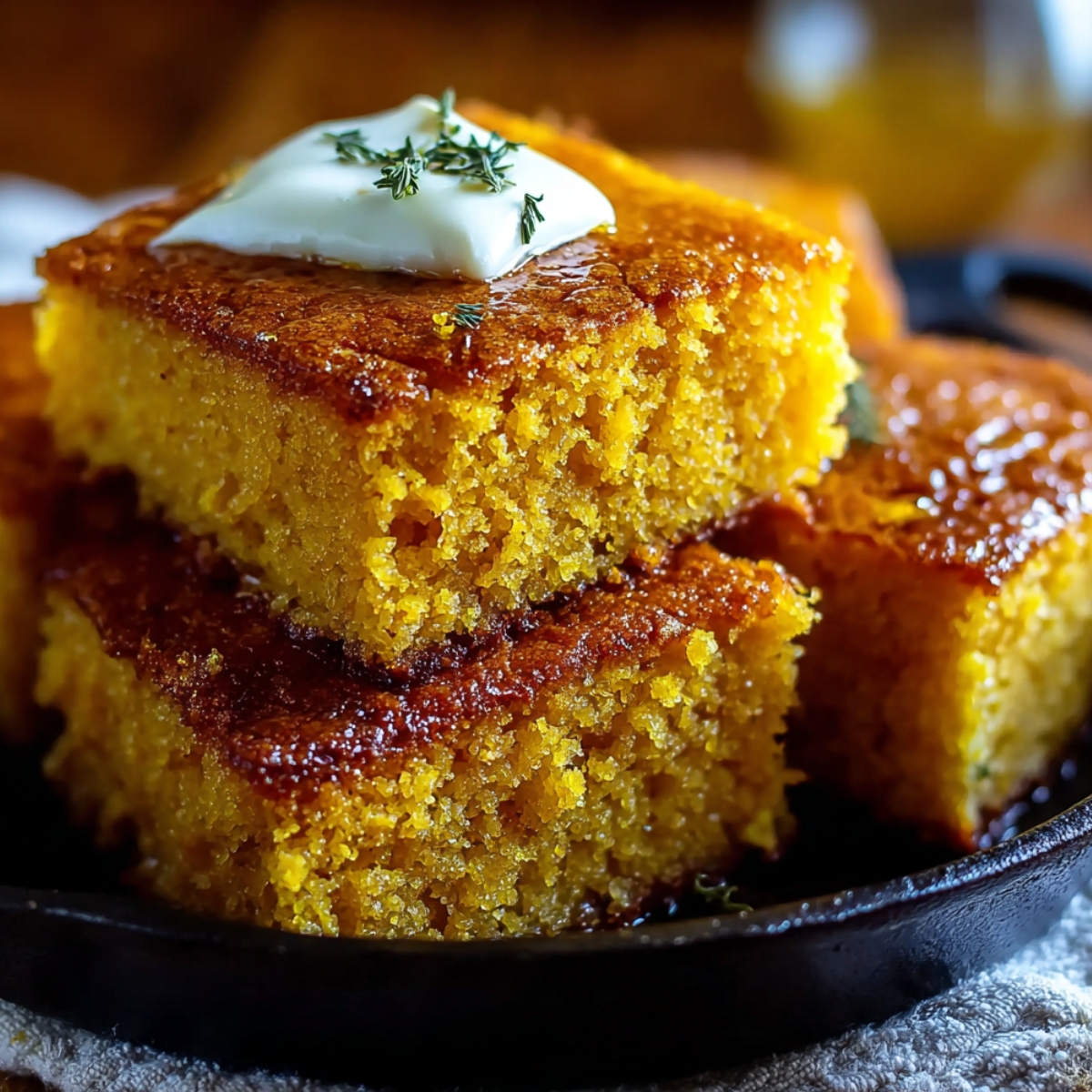 Thick slices of golden homemade cornbread stacked on a plate, with a crisp buttery crust, moist crumb, and a pat of melting butter on top.