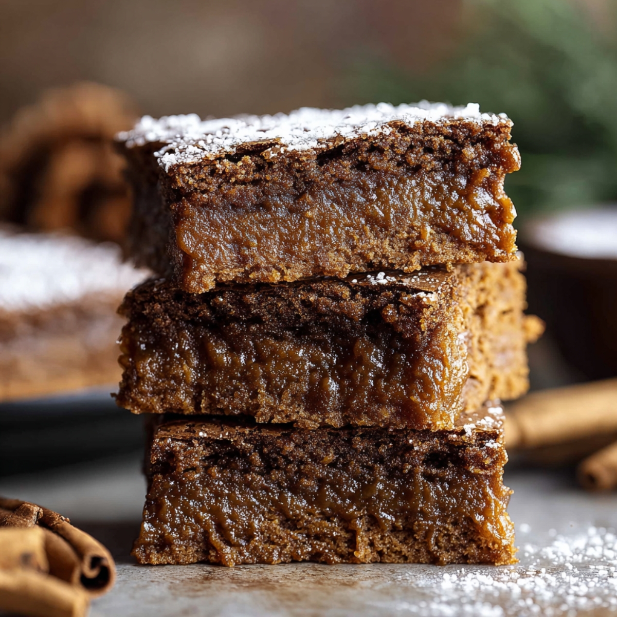 Stack of homemade gingerbread brownies with a fudgy, moist center and crackly sugar top, lightly dusted with powdered sugar.
