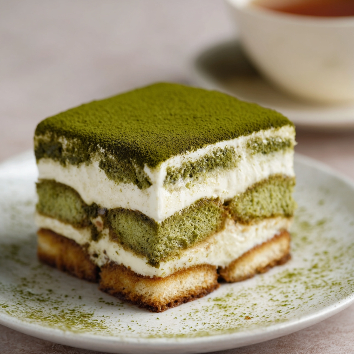 A close-up of a homemade matcha tiramisu slice on a white plate, layered with creamy mascarpone and soaked ladyfingers, topped generously with fine matcha powder.