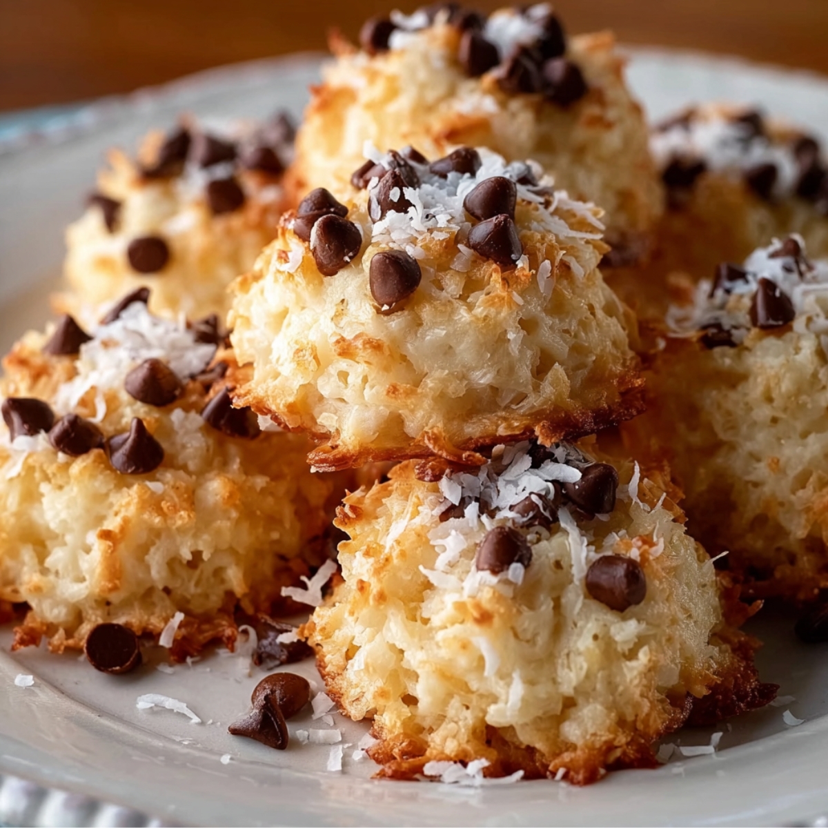 Homemade no bake moose farts stacked on a plate, with toasted coconut edges topped with mini chocolate chips and shredded coconut.
