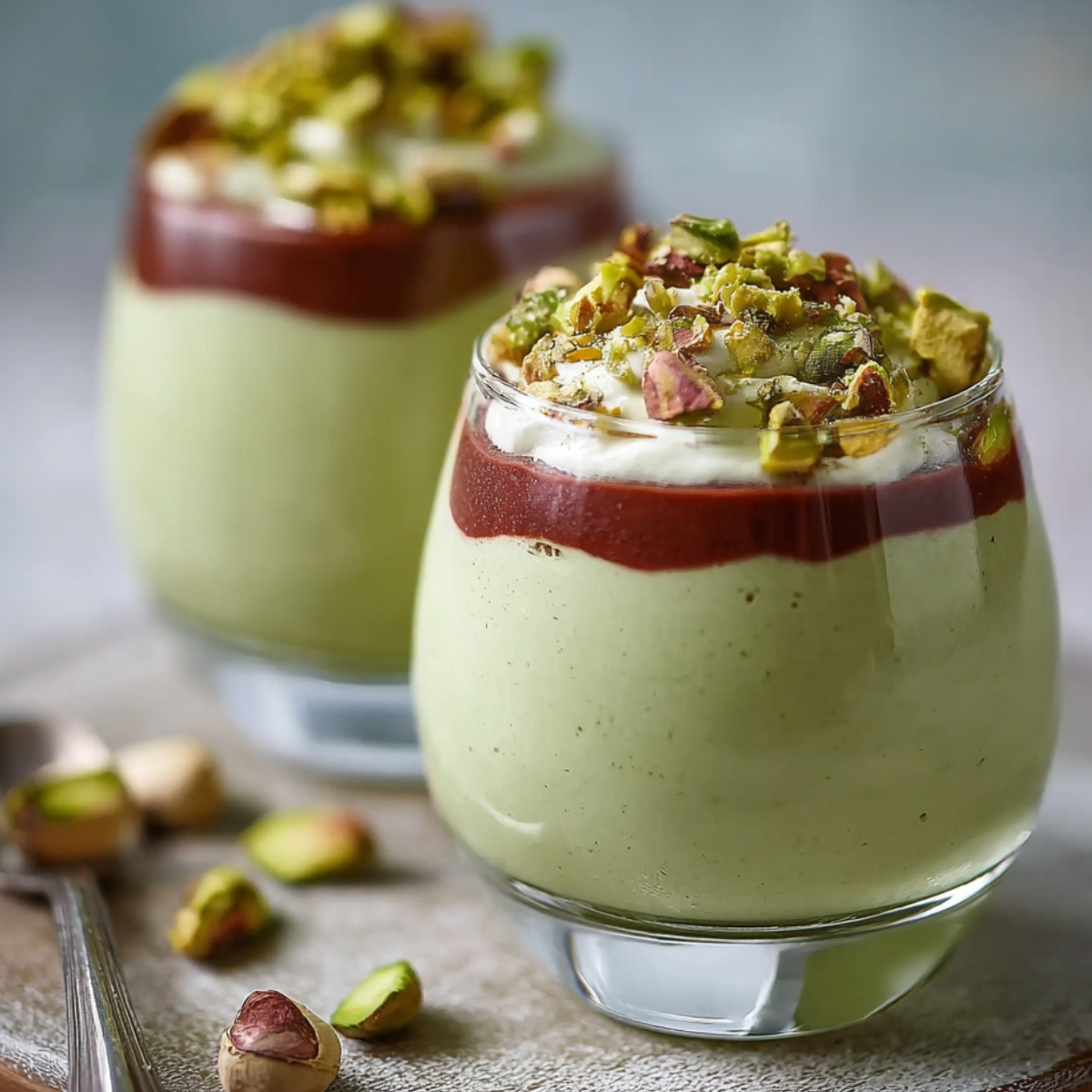 Homemade pistachio mousse served in small glass cups, topped with whipped cream, a glossy chocolate layer, and chopped pistachios.
