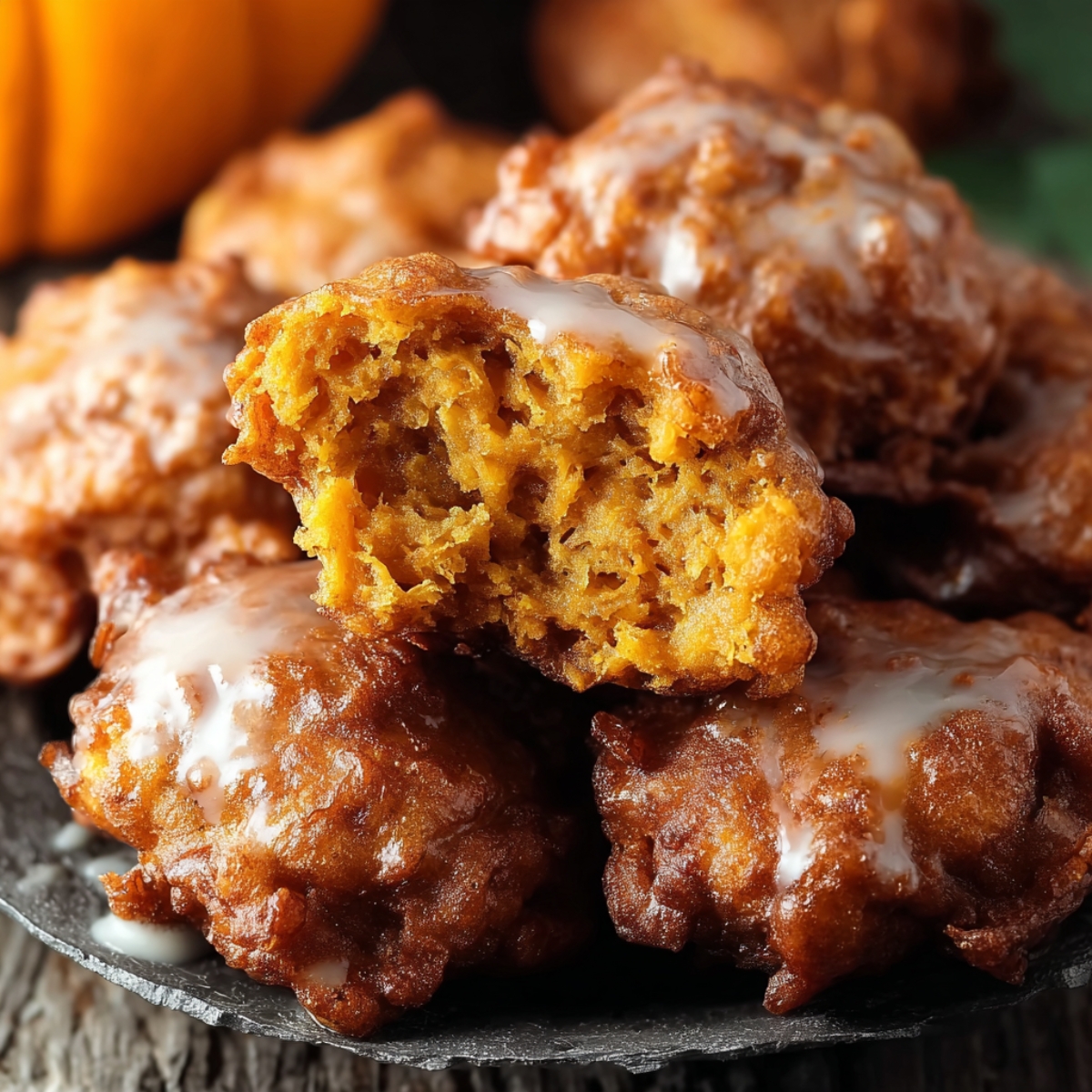 Close-up of homemade pumpkin fritters stacked on a plate, showing a golden-brown crispy exterior with a fluffy, moist orange pumpkin center. Light glaze and cinnamon sugar glisten on the surface, giving a fresh, just-fried look in warm kitchen lighting.