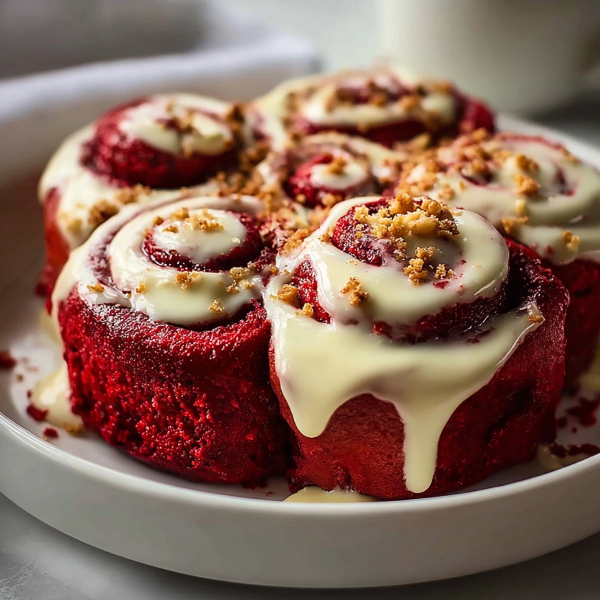 Close-up of a homemade red velvet cinnamon roll topped with creamy vanilla icing and red velvet crumbs, showing a soft, moist texture and rich color.