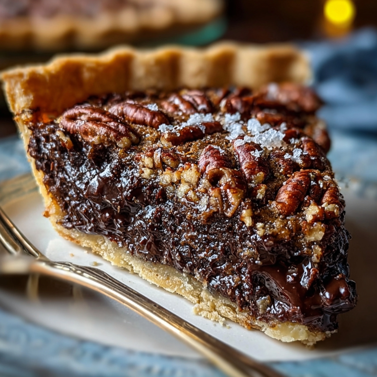 A close-up slice of homemade Texas chocolate pecan pie with a flaky crust, gooey melted chocolate filling, and toasted pecans on top.