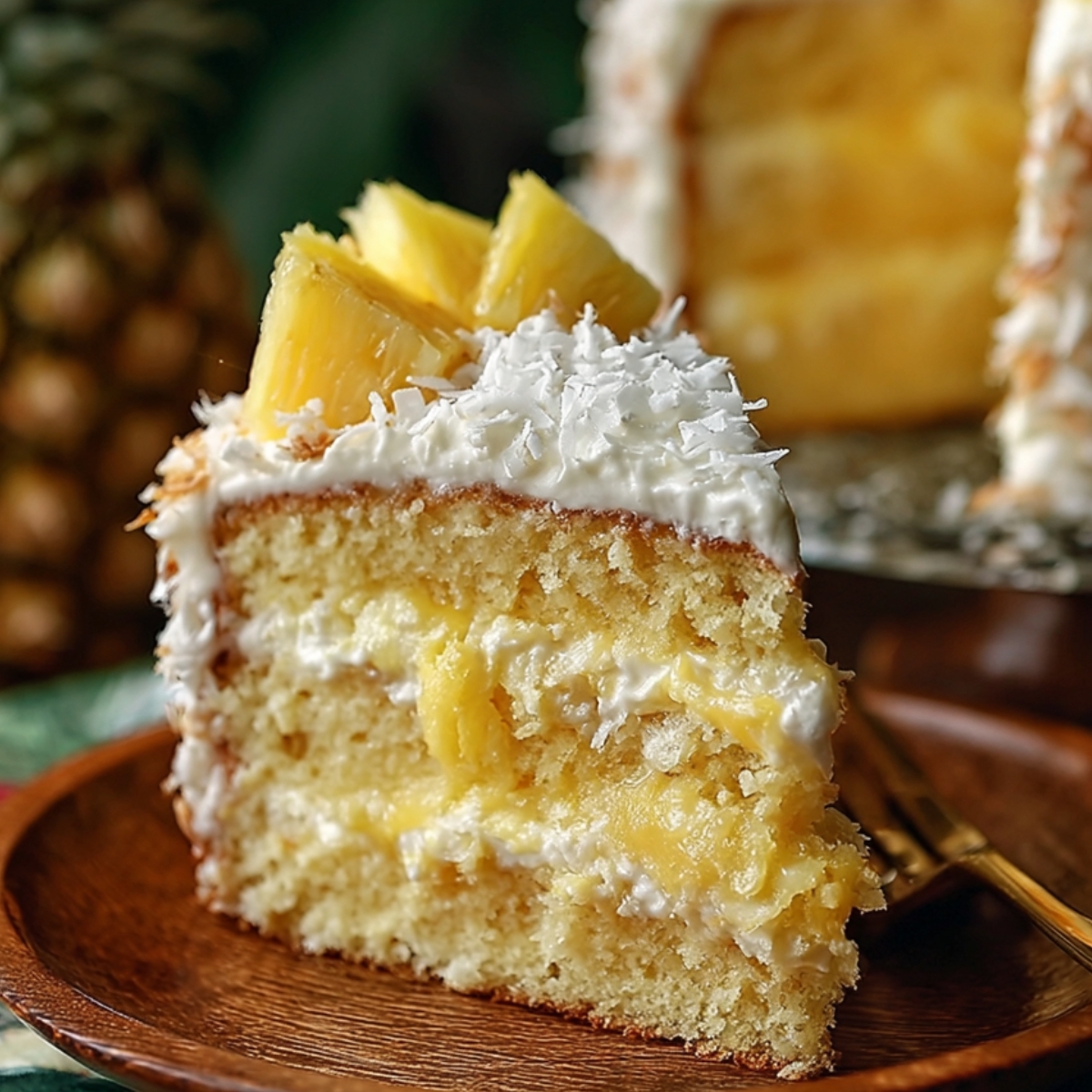 A slice of homemade pineapple coconut dream cake on a wooden plate, layered with creamy frosting, pineapple chunks, and topped with shredded coconut and fresh pineapple pieces.
