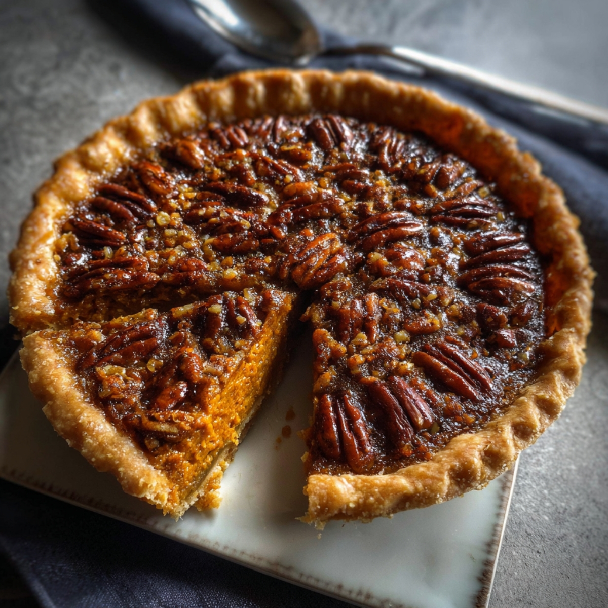 Close-up slice of homemade sweet potato pecan pie with a buttery crust, creamy orange sweet potato filling, and glossy toasted pecans on top.