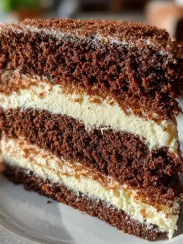 A homemade slice of Italian Love Cake with moist chocolate layers and creamy ricotta filling, shown close up on a white plate in warm natural sunlight.