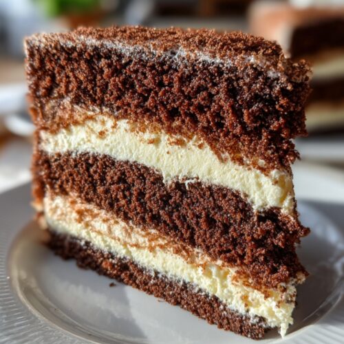 Italian Love Cake topped with whipped cream and chocolate shavings