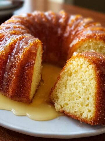 Kentucky Butter Cake with a slice cut out, showing its soft golden crumb and buttery glaze dripping onto a decorative white plate.