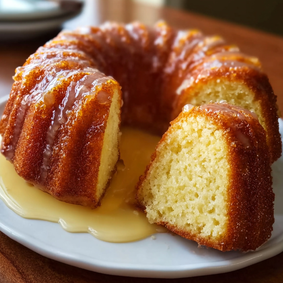 Kentucky Butter Cake with a slice cut out, showing its soft golden crumb and buttery glaze dripping onto a decorative white plate.