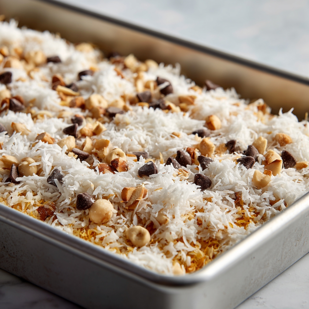 A homemade pan of unbaked Magic Cookie Bars topped with shredded coconut, chocolate chips, and chopped nuts, spread unevenly across the surface in a metal baking pan.