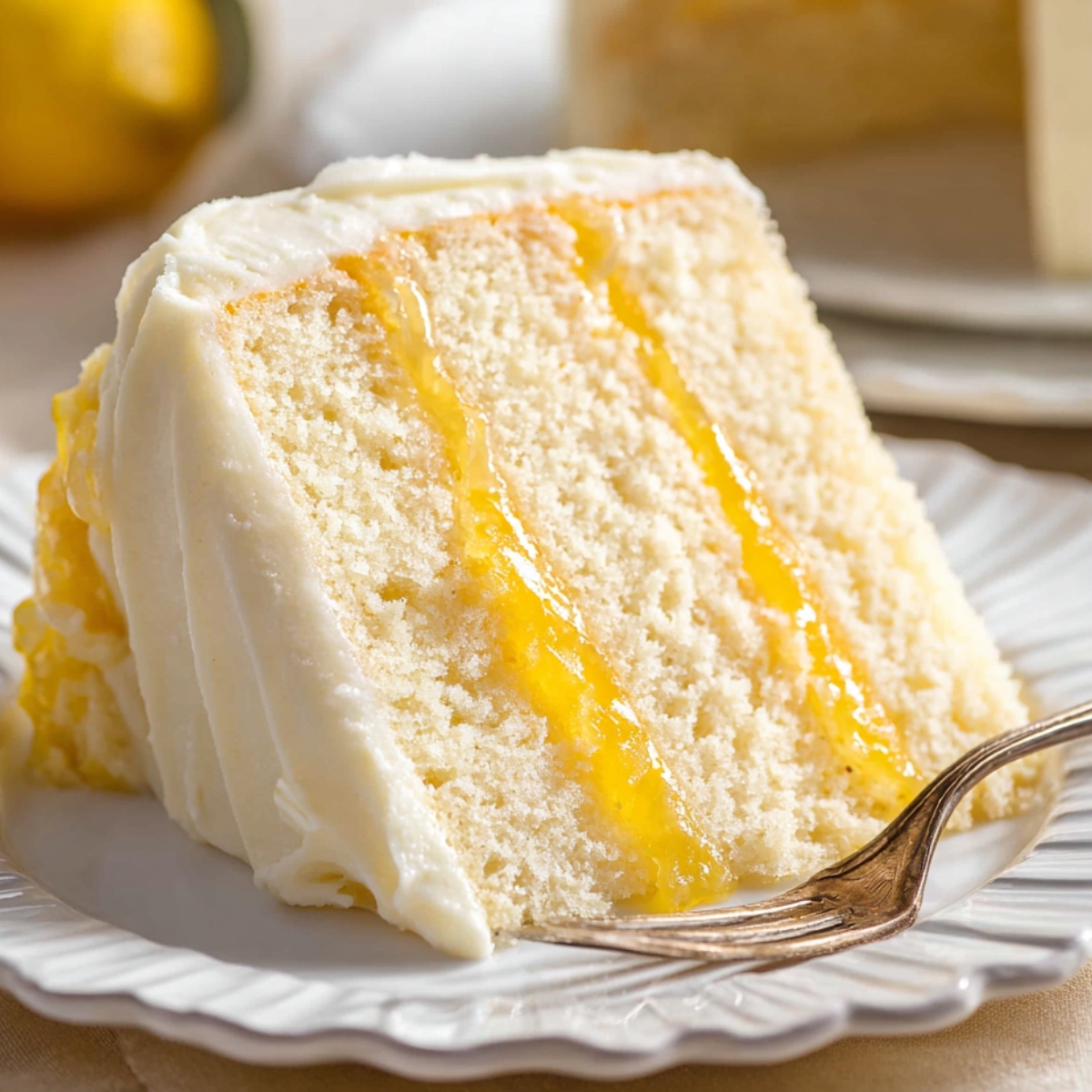 Lemon Curd Cake with creamy frosting and lemon filling on a white plate.