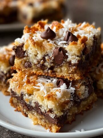 Stacked homemade Magic Cookie Bars on a white plate, showing layers of chocolate chips, toasted coconut, and a golden graham crust, with a rustic, real-kitchen look.