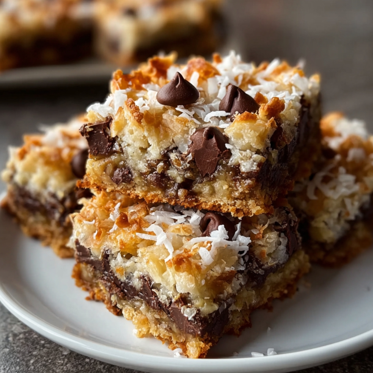 Stacked homemade Magic Cookie Bars on a white plate, showing layers of chocolate chips, toasted coconut, and a golden graham crust, with a rustic, real-kitchen look.
