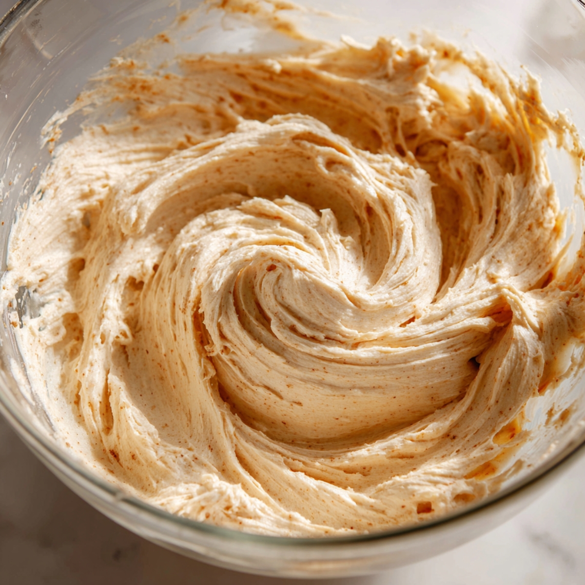 Homemade cinnamon buttercream frosting swirled in a glass mixing bowl for snickerdoodle cake.