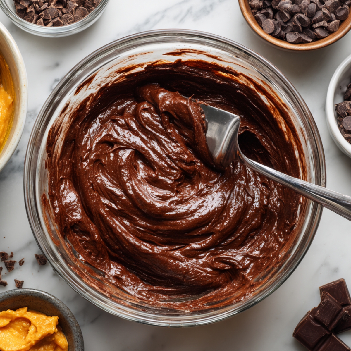 Glass mixing bowl filled with glossy homemade chocolate brownie batter for Halloween swirl cream cheese brownies, surrounded by chocolate chips and baking ingredients on a marble countertop.