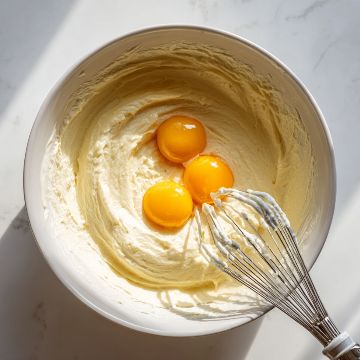A mixing bowl filled with creamy cheesecake batter and three egg yolks on top, with a whisk resting inside, ready to be blended for homemade crème brûlée cheesecake cupcakes.