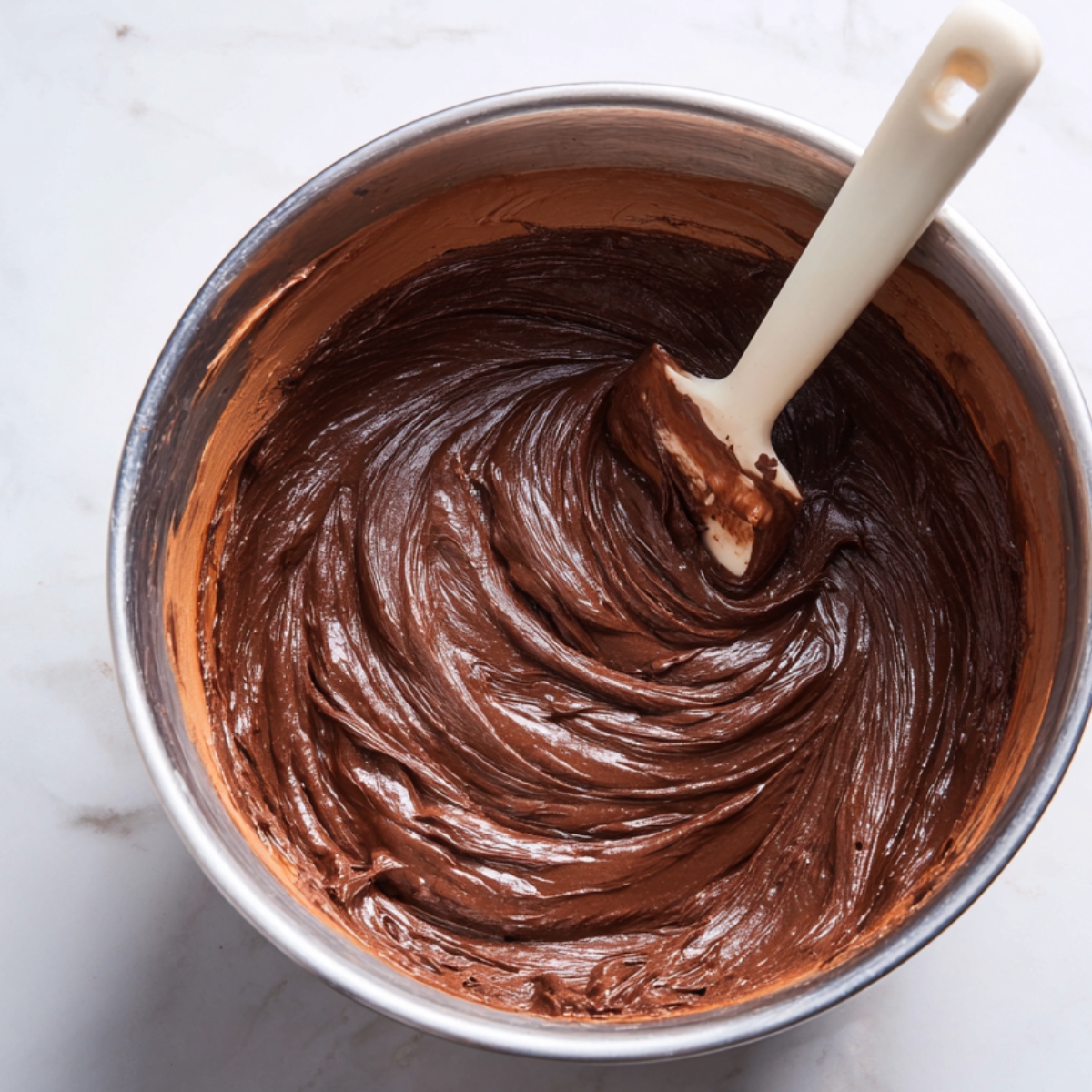 Homemade chocolate crinkle cookie dough being mixed in a stainless steel bowl with a white spatula on a marble countertop.