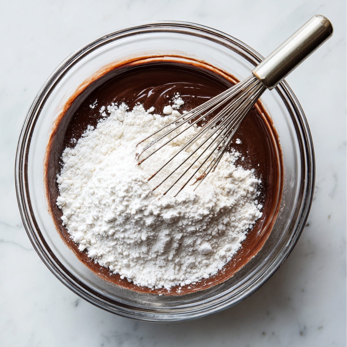 A glass mixing bowl filled with chocolate batter and a pile of flour on top, with a metal whisk resting inside, ready to be mixed on a white marble countertop.