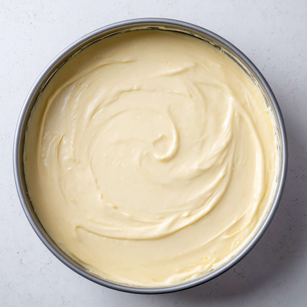 Round cake pan filled with smooth homemade lemon cake batter, swirled evenly on top.
