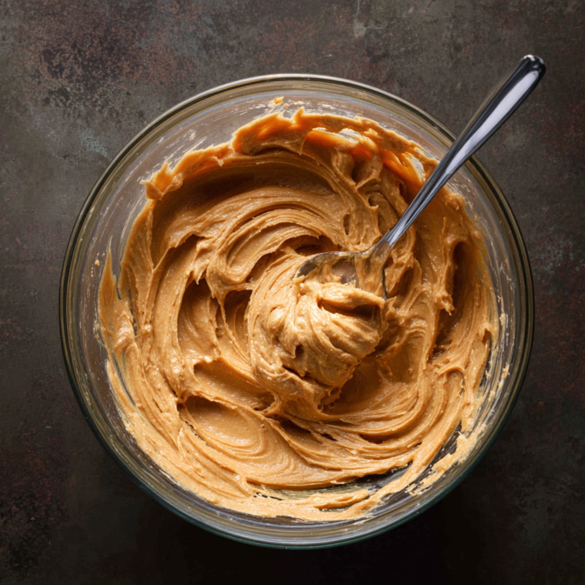 Easy Peanut Butter Brownie Swirl Cookies 10 A glass bowl filled with creamy peanut butter mixture, stirred with a metal spoon on a dark textured surface.
