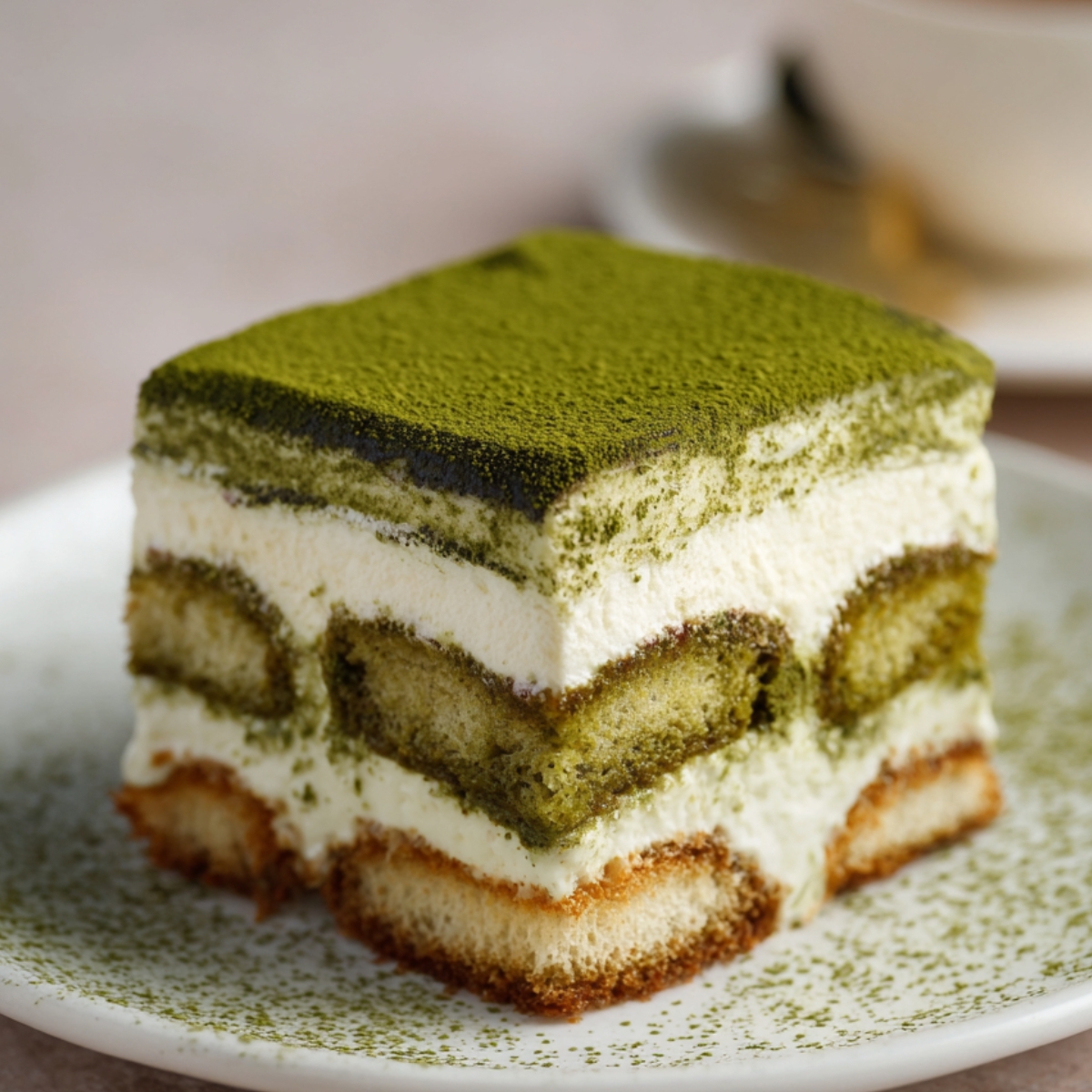 Matcha Tiramisu on a white plate, showing layers of creamy mascarpone and matcha-soaked ladyfingers, topped with a thick dusting of matcha powder.