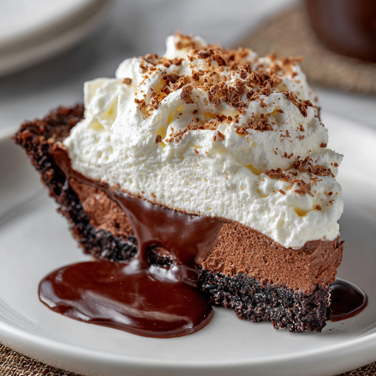 Mississippi Mud Pie with a dark cookie crust, creamy chocolate filling, whipped cream topping, and chocolate sauce dripping onto a white plate.