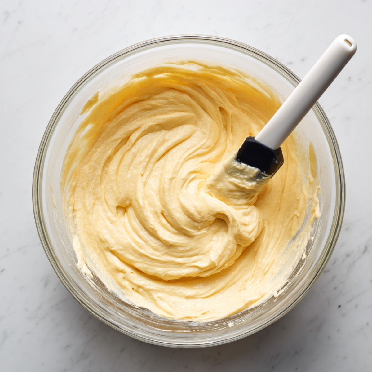 A glass bowl filled with creamy buttermilk pie batter being mixed with a white spatula on a marble countertop.