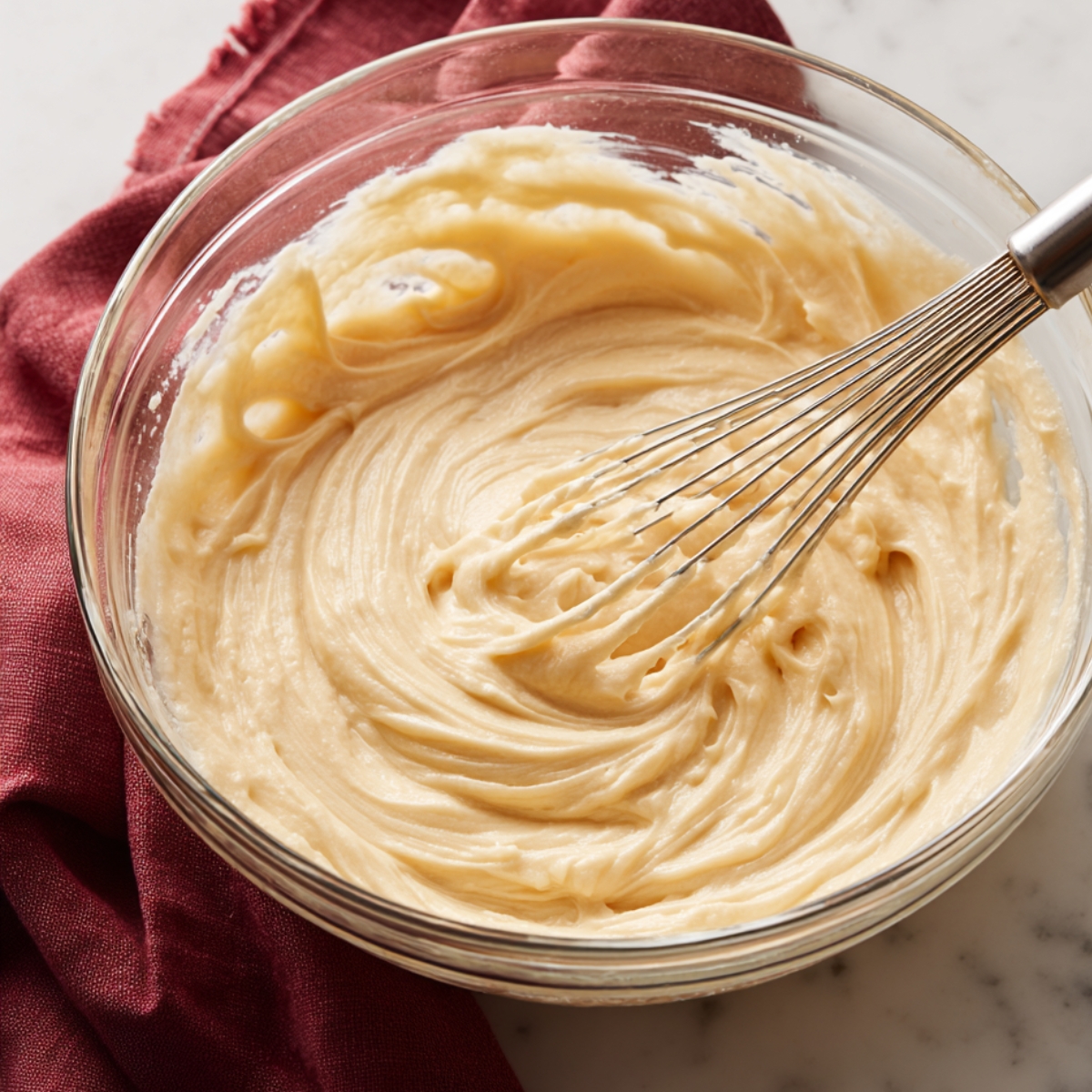 Homemade vanilla cake batter being whisked in a glass bowl for snickerdoodle cake on a marble countertop.