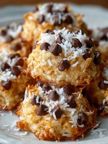 No Bake Moose Farts piled on a plate, golden on the edges with shredded coconut and mini chocolate chips sprinkled on top.