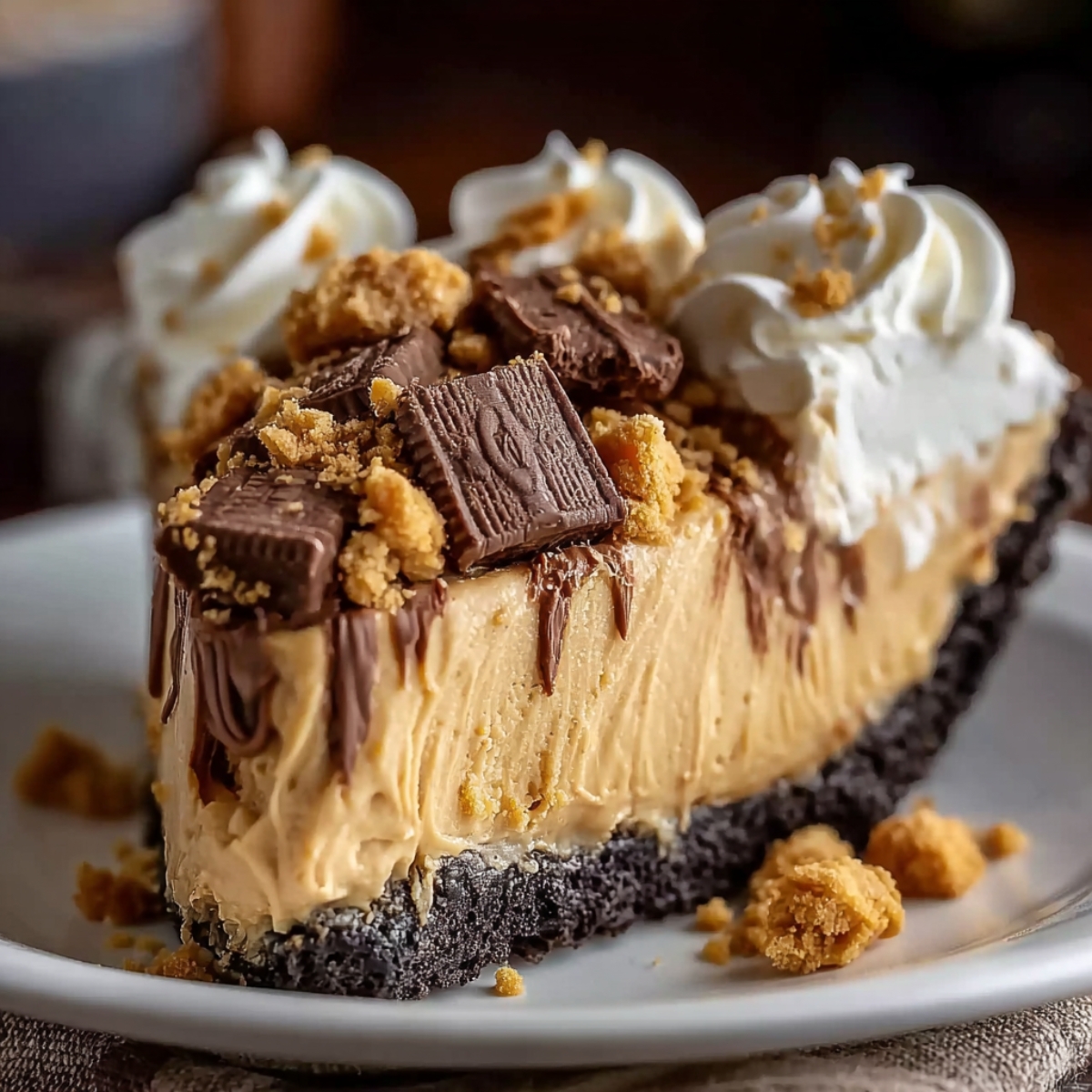No Bake Peanut Butter Pie with a chocolate cookie crust, topped with whipped cream, chocolate chunks, and cookie crumbs.