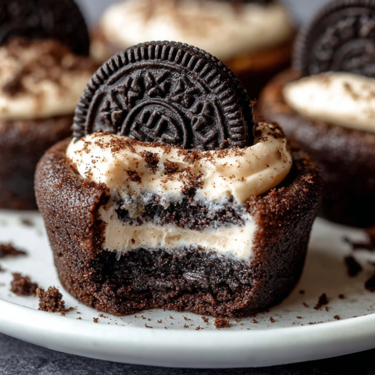 Easy Oreo Cheesecake Cookie Cups 11 Oreo Cheesecake Cookie Cups with creamy filling, Oreo cookie center, and cookie crumbs on top.