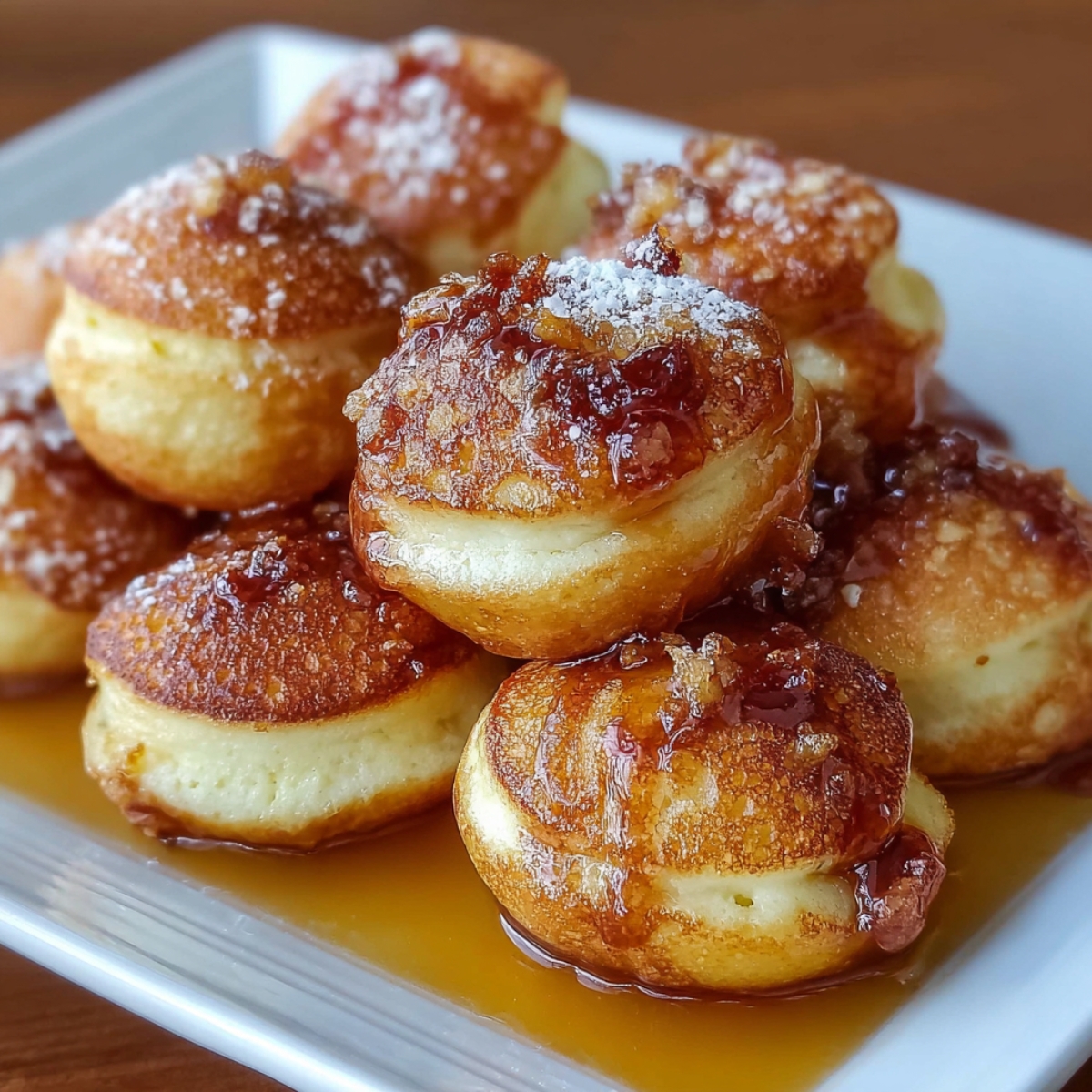 A stack of golden-brown homemade pancake poppers drizzled with syrup and dusted with powdered sugar, served on a beige plate with fresh raspberries, mint leaves, and a small bowl of dark maple syrup.