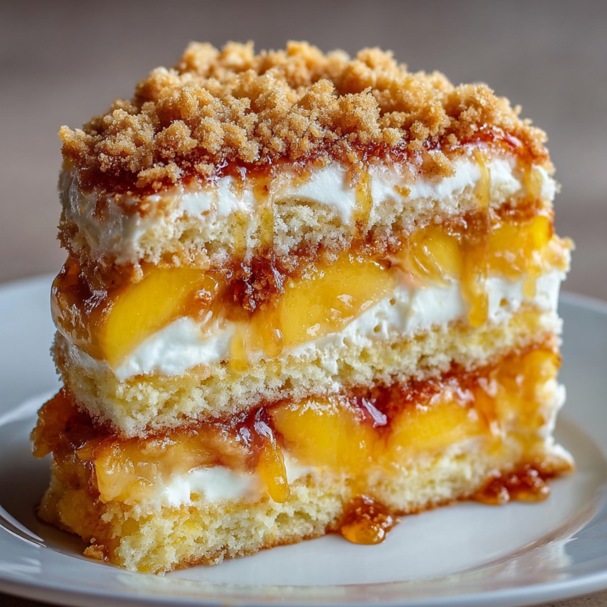 Peach cobbler cake with layers of moist vanilla cake, whipped cream, juicy peaches, and a crumb topping dripping with peach syrup.