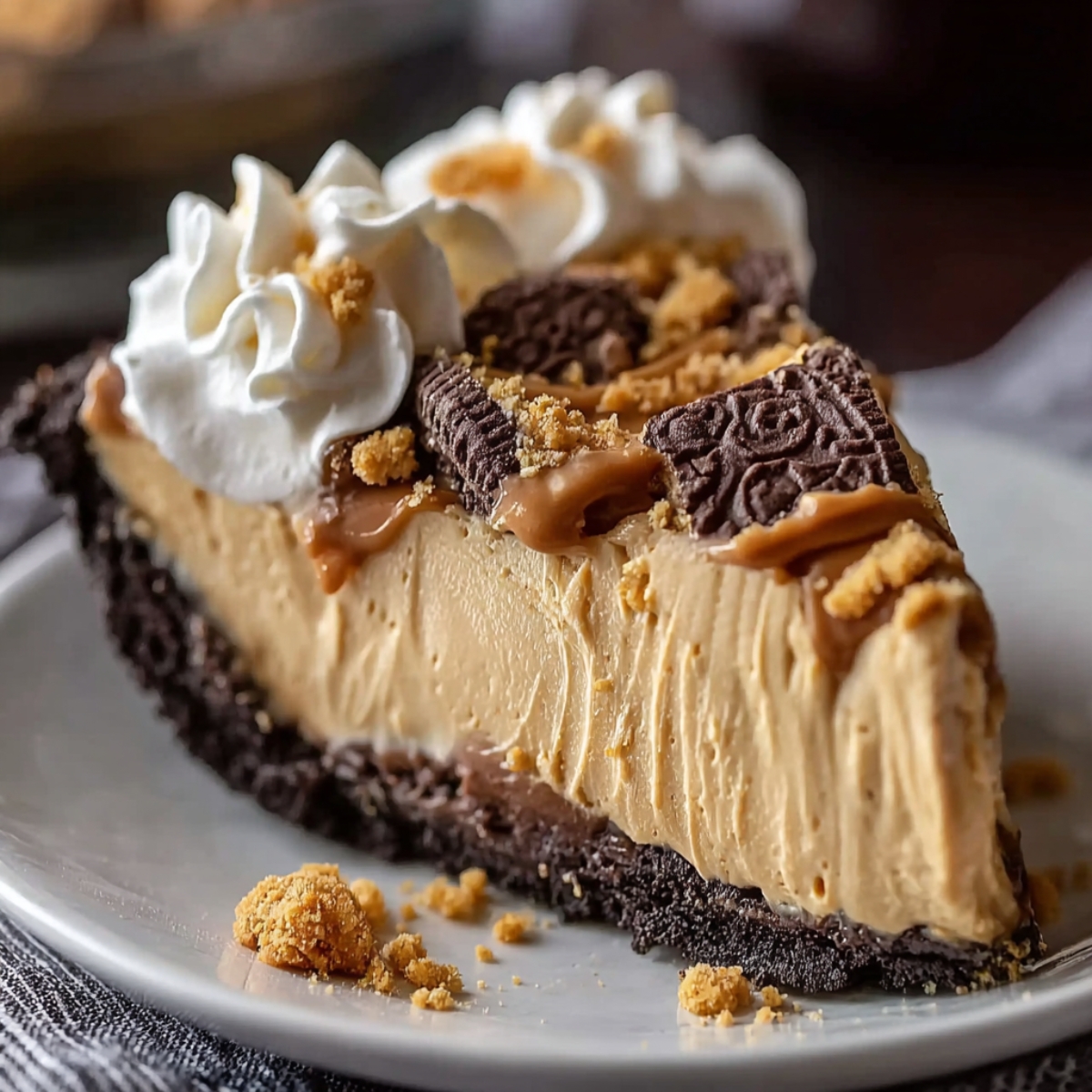 Slice of homemade peanut butter pie with a chocolate cookie crust, topped with whipped cream, chocolate chunks, and cookie crumbs.