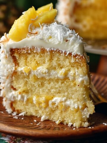 Pineapple Coconut Dream Cake on a wooden plate, showing layers of moist yellow cake, creamy pineapple filling, and coconut frosting topped with pineapple chunks and shredded coconut.