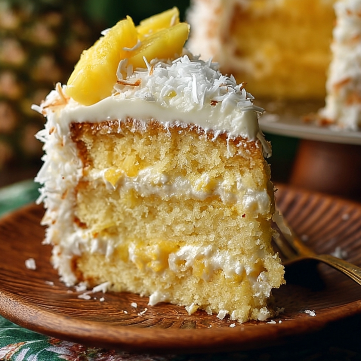 Pineapple Coconut Dream Cake on a wooden plate, showing layers of moist yellow cake, creamy pineapple filling, and coconut frosting topped with pineapple chunks and shredded coconut.