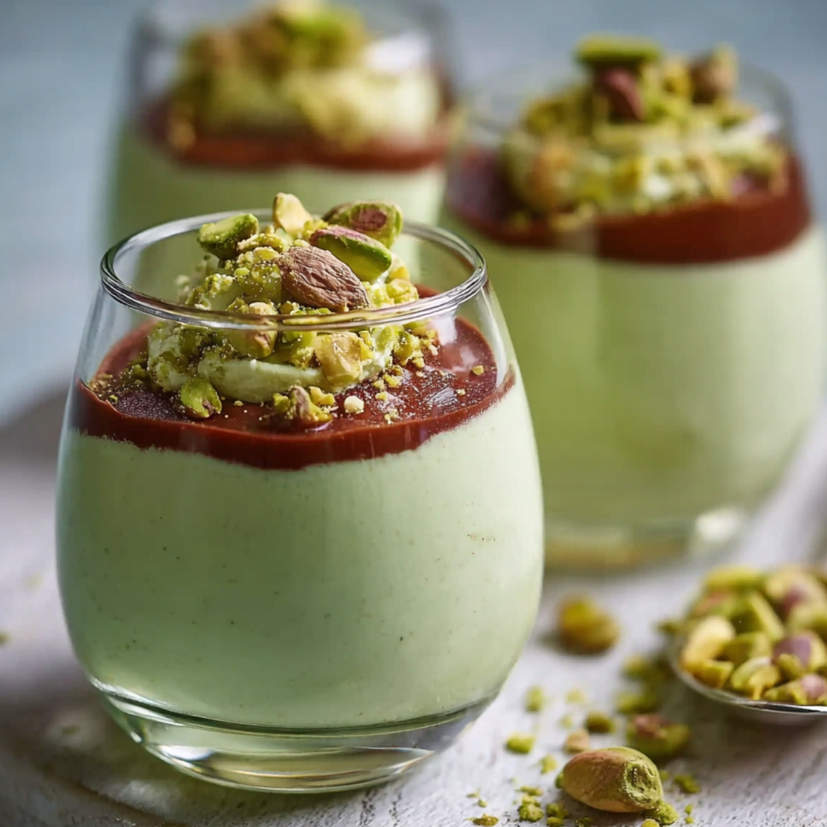 Homemade pistachio mousse in glass cups topped with chocolate ganache, whipped cream, and chopped pistachios.