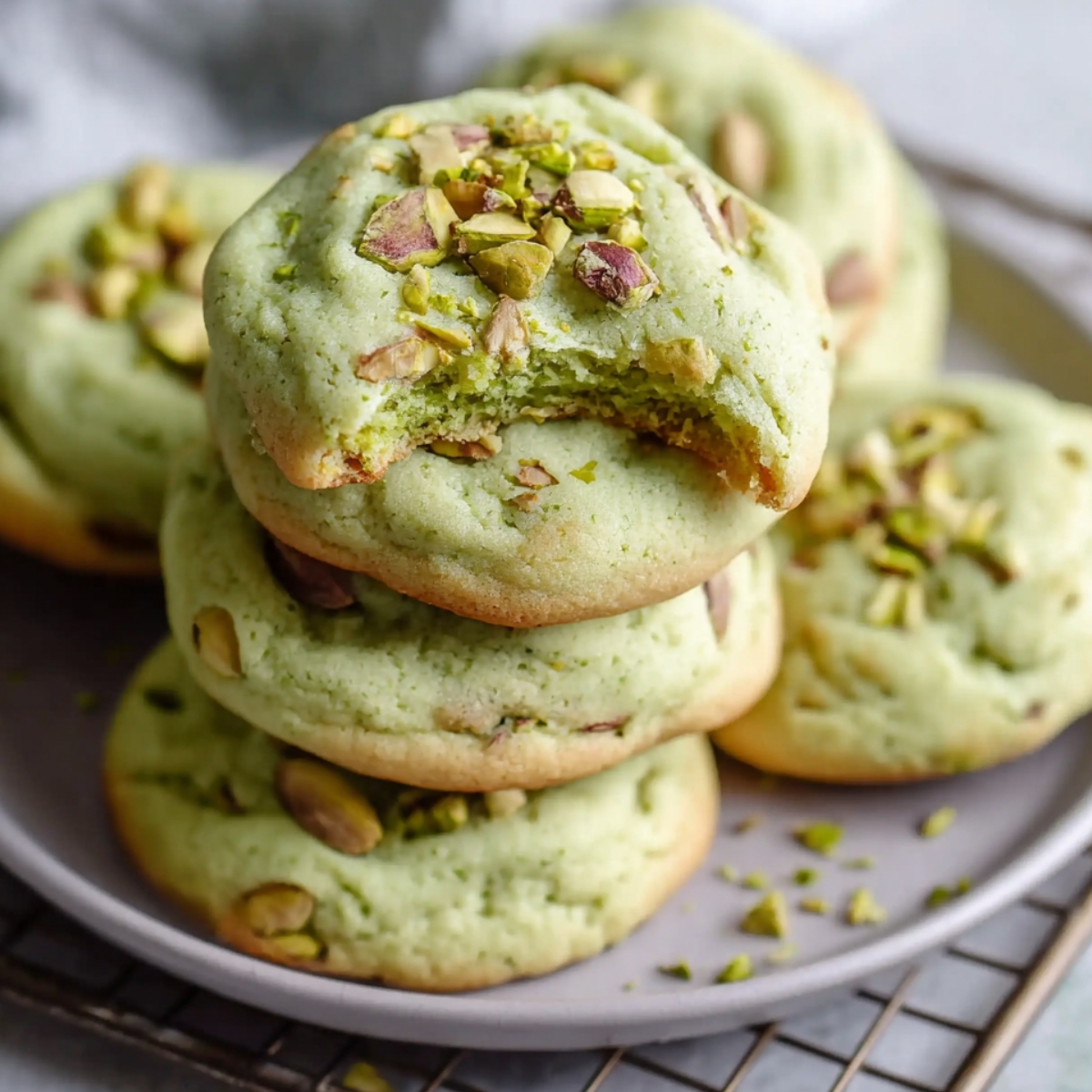 Best Pistachio Pudding Cookies Recipe 10 Homemade pistachio pudding cookies stacked on a plate, topped with chopped pistachios and showing a soft green center from a bitten cookie.