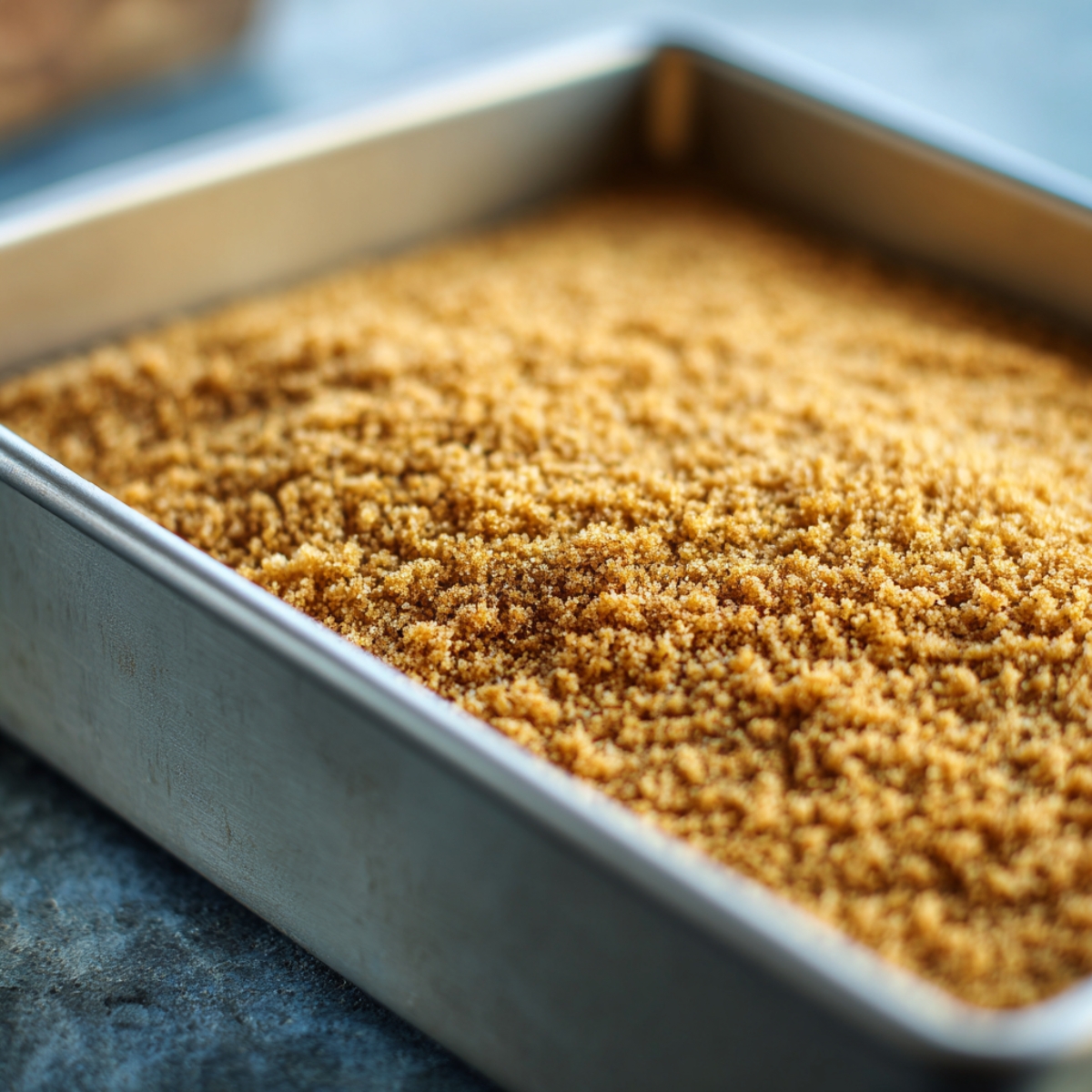 A homemade graham cracker crust mixture spread evenly in a metal baking pan, showing a loose, sandy texture before being pressed for Magic Cookie Bars.