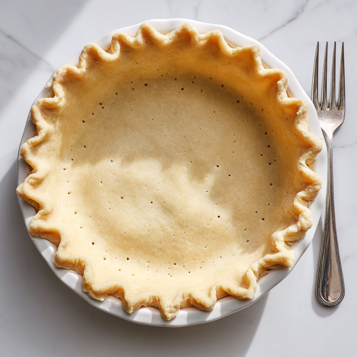 Unbaked homemade pie crust with fork holes in a white pie dish, shown on a marble surface beside a metal fork.